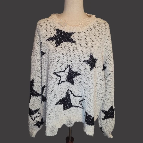 POL Cream Black Star Sweater L | Popcorn Knit Oversized Distressed Cozy Knit - Picture 2 of 8